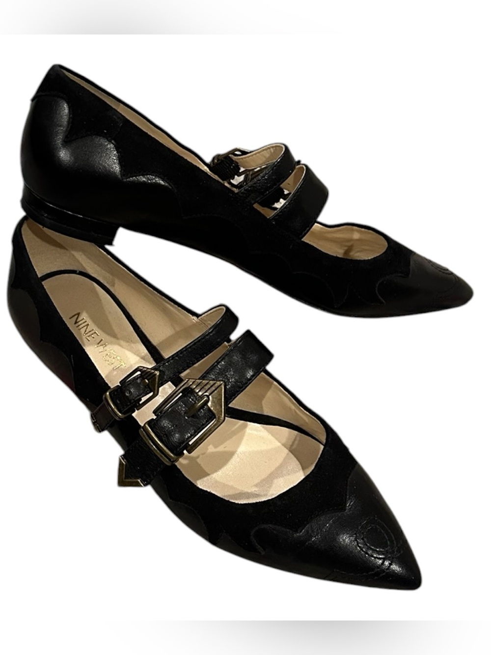Nine West Black Pointed Double-Buckle Suede Leather Mary Jane Flats Alina 6